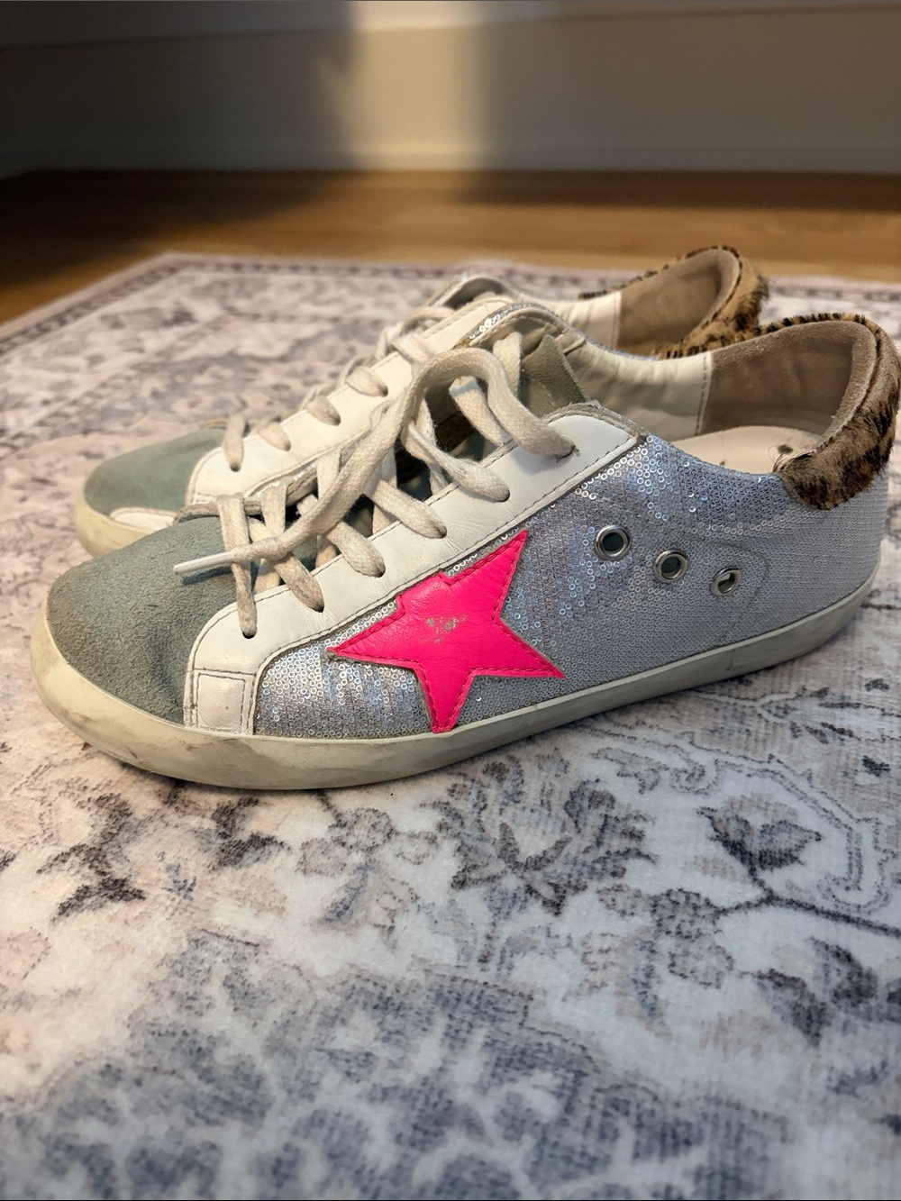 Golden Goose Silver Sequin Sneakers with Hot Pink Star